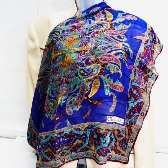 Unused Christian Dior Soft 00% Silk Scarf Chiffon & Satin Paisley Floral 31" (21 - Picture 1 of 7